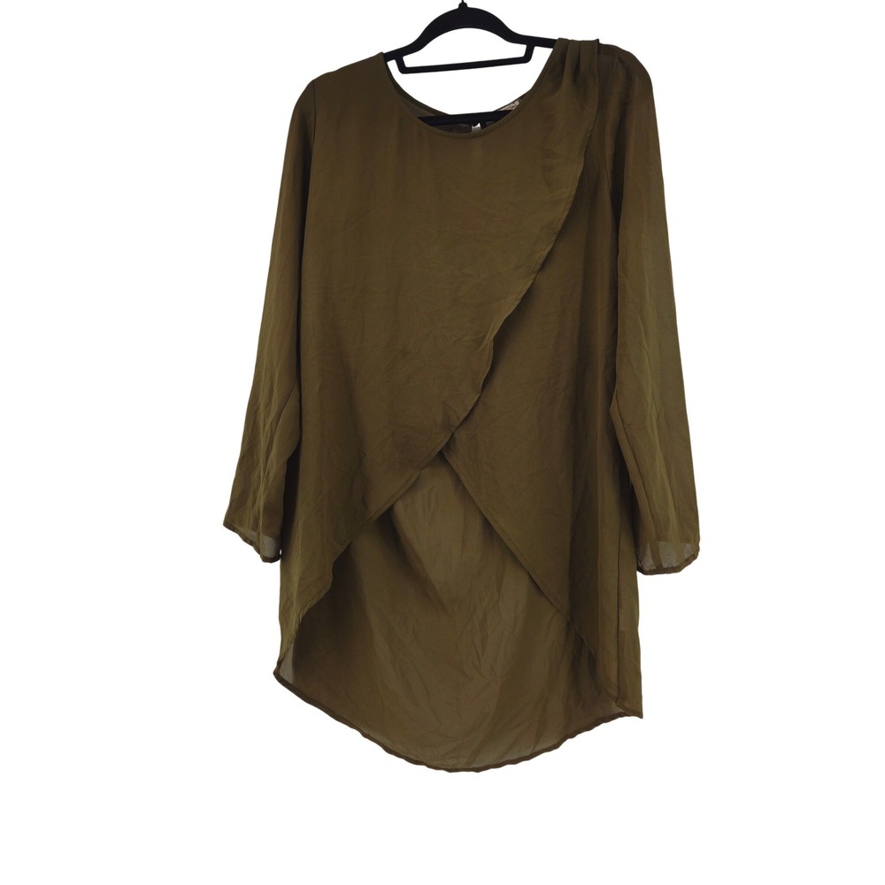 Boho Sheer Olive Green High-Low Tunic Blouse L Earthy Lagenlook Fairy‎ Flowy